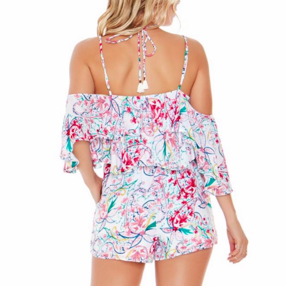 L*SPACE WHITE PINK PRINTED COLD SHOULDER ELASTIC WAIST SEASIDE LINED ROMPER - Picture 2 of 3